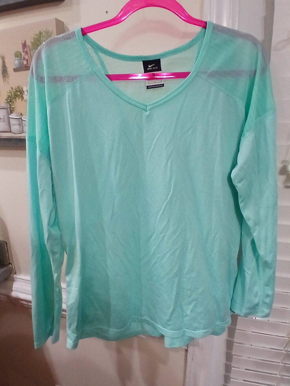 Nike Dri-FIT Green Mesh V-Neck Long Sleeve Breathable Athletic Tee